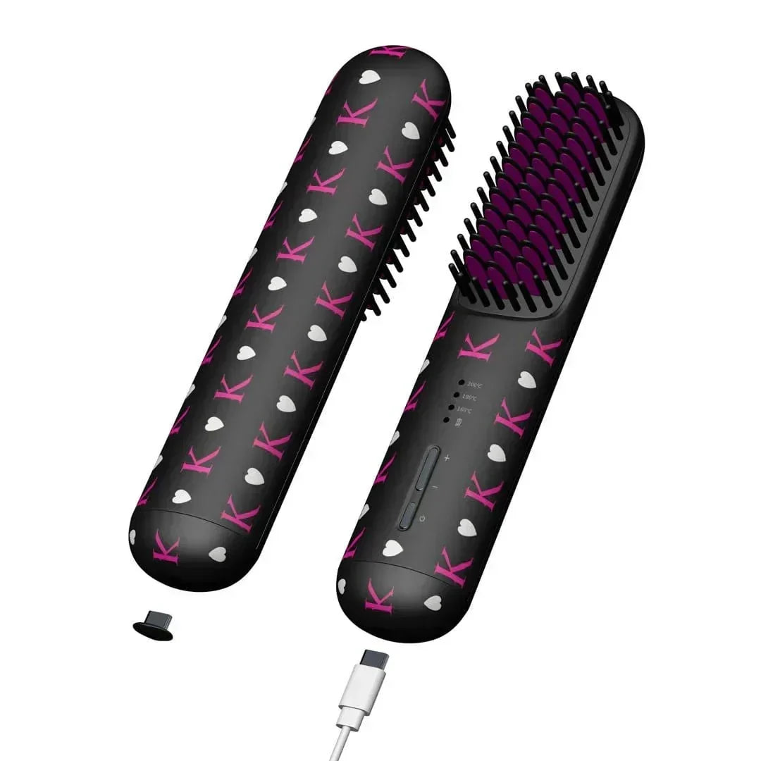 black portable cordless hair straightener brush