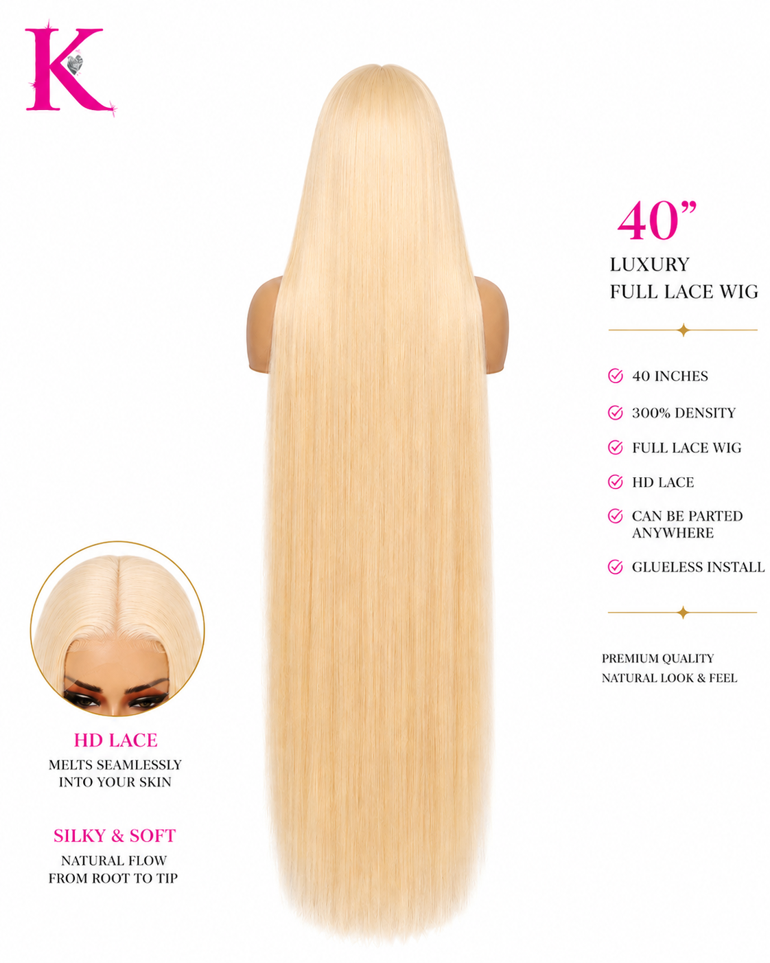 Raw Straight Extra Long 40” Wig #613 Blonde